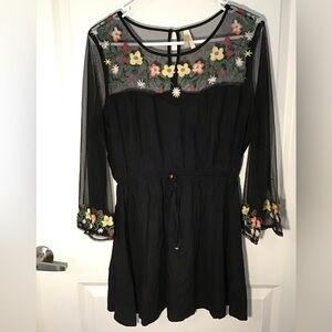 True Destiny Black Tunic Top with Floral Embroidery Size L